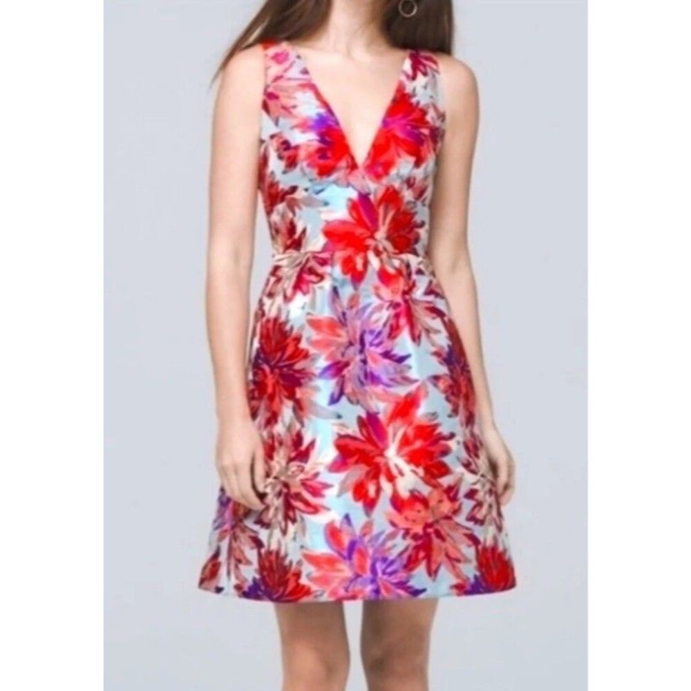 Nicole Miller Dress 14 Blue Metallic Jacquard Fit & Flare Party Holiday V Neck